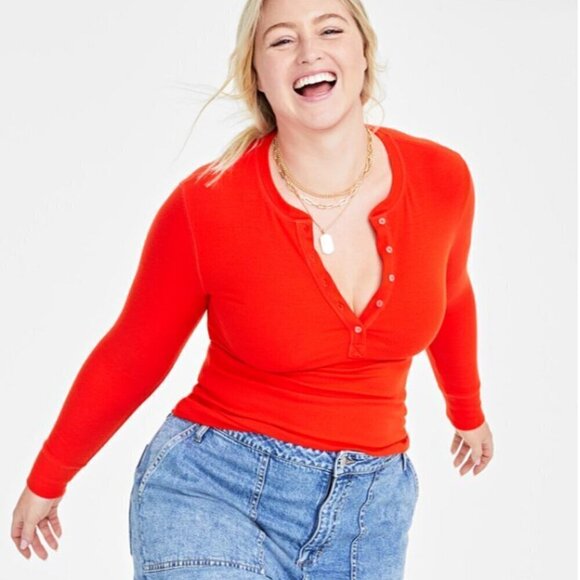 On 34th Plus Size Bright Orange Ribbed Long-Sleeve Henley Top NWT - Picture 2 of 8